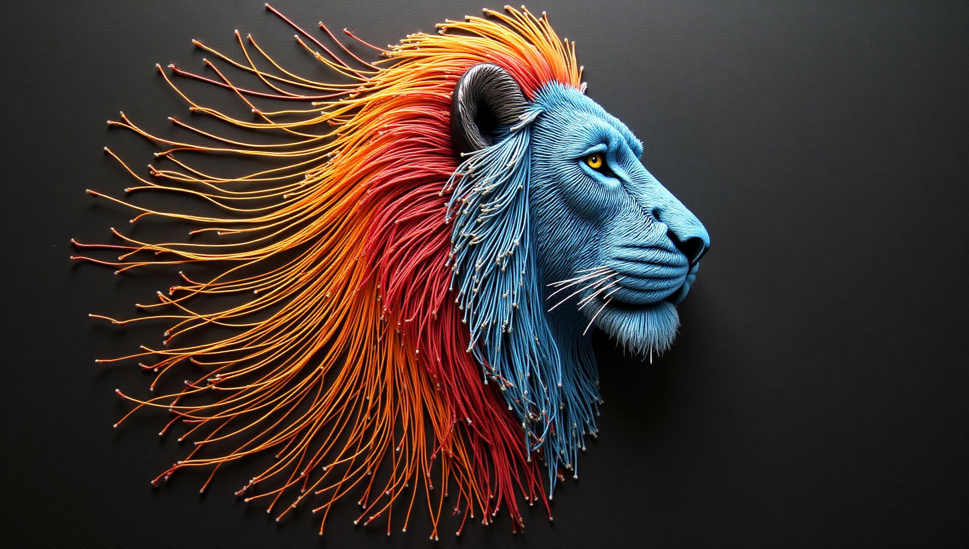 Stunning string art of a geometric lion with colorful threads